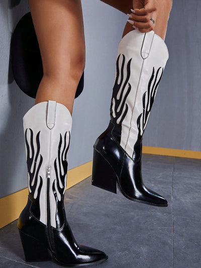 Chic Two-Tone Pointed Toe Western Boots - Black & White Fashion Footwear for Every Occasion