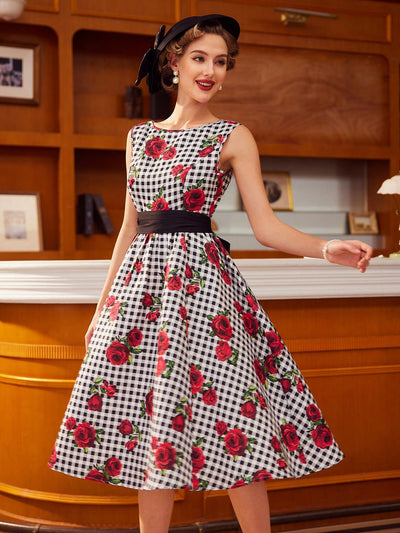 Vintage Rose Dream: Elegant Printed Dress with Bow Belt and Umbrella Skirt