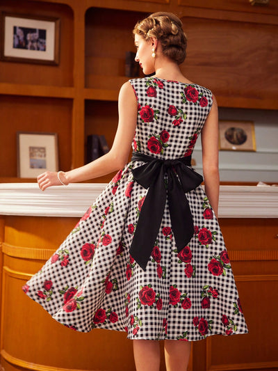 Vintage Rose Dream: Elegant Printed Dress with Bow Belt and Umbrella Skirt