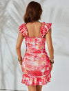 Spring Blooms Bodycon: Floral Print Knot Front Ruffle Trim Dress