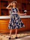 Vintage Rose Dream: Elegant Printed Dress with Bow Belt and Umbrella Skirt