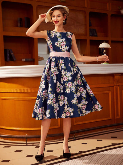 Vintage Rose Dream: Elegant Printed Dress with Bow Belt and Umbrella Skirt