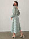 Elegant Floral Jacquard Lantern Sleeve Dress for Spring and Summer