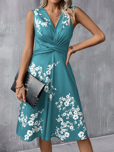 Blue Blossom: Simple Floral Print Twist Front A-Line Dress