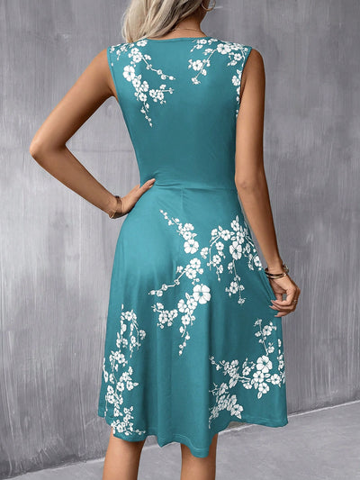 Blue Blossom: Simple Floral Print Twist Front A-Line Dress