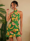 Fruity Fiesta: Woven Halter Neck Dress for a Vibrant Summer Vacation