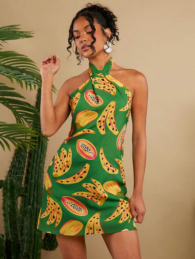 Fruity Fiesta: Woven Halter Neck Dress for a Vibrant Summer Vacation