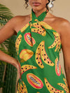 Fruity Fiesta: Woven Halter Neck Dress for a Vibrant Summer Vacation