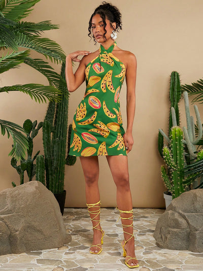 Fruity Fiesta: Woven Halter Neck Dress for a Vibrant Summer Vacation