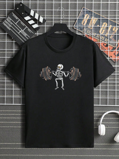 Skeleton Strength: Men's Barbell Printed T-Shirt for Halloween