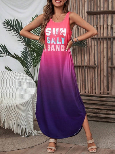 Vacation Vibes Maxi Dress: Women's Summer Gradient Letter Printed Sleeveless