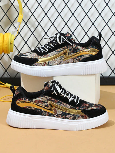 Golden Patchwork Chinese Style Leather Sports Shoes for Women - Perfect for Outdoor Activities and Parties