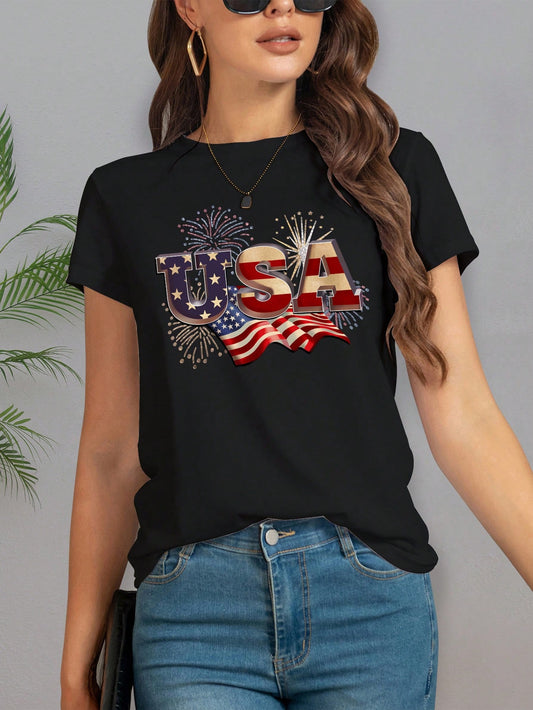 Show off your American pride with our fashionable Summer Short Sleeve T-Shirt for Women. Made with premium materials, this shirt is perfect for any summer occasion. Represent the USA with style and comfort.