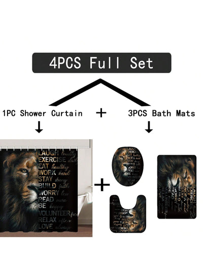 Lion Letter Pattern Bathroom Set: Shower Curtain, Rug, Mat, Lid Pad - Black Polyester Decorative Bathroom Accessories