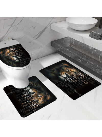 Lion Letter Pattern Bathroom Set: Shower Curtain, Rug, Mat, Lid Pad - Black Polyester Decorative Bathroom Accessories