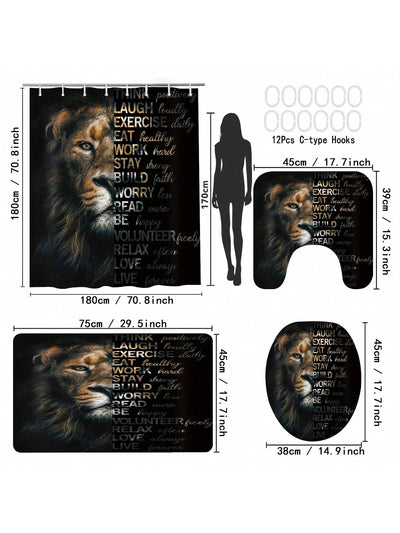 Lion Letter Pattern Bathroom Set: Shower Curtain, Rug, Mat, Lid Pad - Black Polyester Decorative Bathroom Accessories