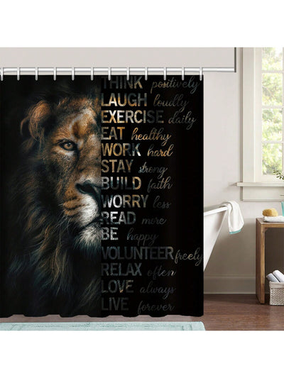 Lion Letter Pattern Bathroom Set: Shower Curtain, Rug, Mat, Lid Pad - Black Polyester Decorative Bathroom Accessories