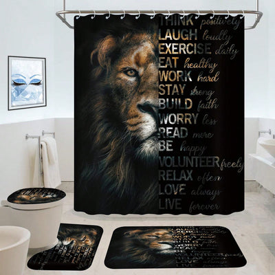 Lion Letter Pattern Bathroom Set: Shower Curtain, Rug, Mat, Lid Pad - Black Polyester Decorative Bathroom Accessories