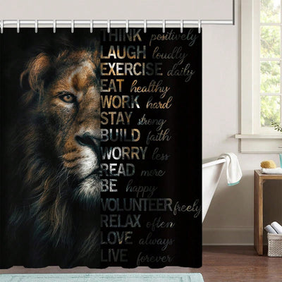 Lion Letter Pattern Bathroom Set: Shower Curtain, Rug, Mat, Lid Pad - Black Polyester Decorative Bathroom Accessories