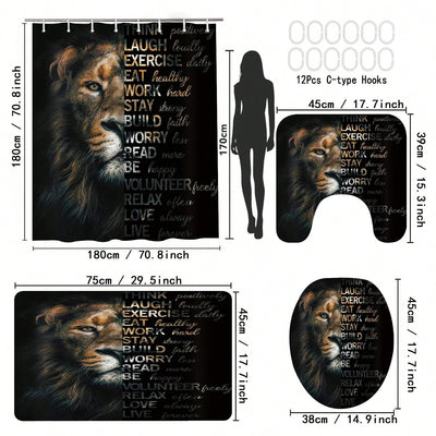 Lion Letter Pattern Bathroom Set: Shower Curtain, Rug, Mat, Lid Pad - Black Polyester Decorative Bathroom Accessories