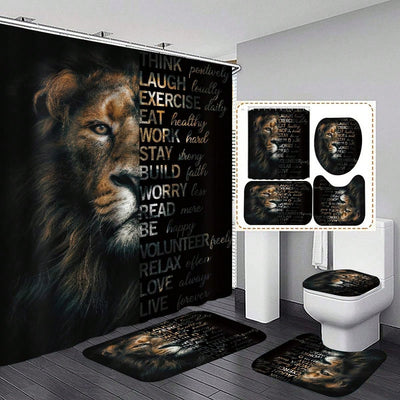 Lion Letter Pattern Bathroom Set: Shower Curtain, Rug, Mat, Lid Pad - Black Polyester Decorative Bathroom Accessories