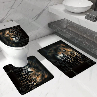 Lion Letter Pattern Bathroom Set: Shower Curtain, Rug, Mat, Lid Pad - Black Polyester Decorative Bathroom Accessories