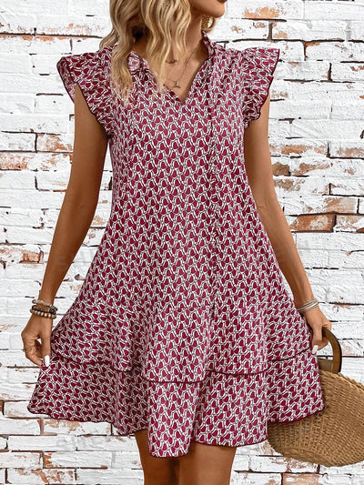 Geometric Summer Chic: Women's Tie Collar Ruffle Hem Dress