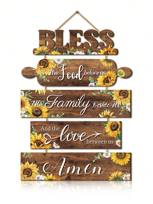 Add rustic charm to your kitchen with our Sunflower Blessings wood hanging plaque. Featuring a beautiful sunflower design, this farmhouse-inspired piece will bring warmth and positivity to any space. Made of high-quality wood, it is durable and long-lasting, making it the perfect addition to your home decor.