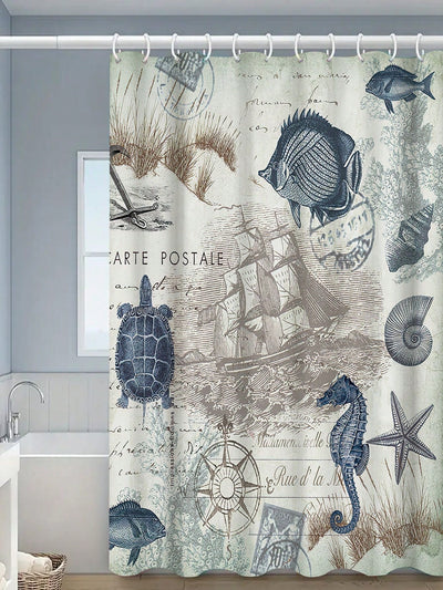 Vintage Sea Life Shower Curtain: Sea Horse, Turtle, Starfish Print for Modern Bathroom Decor