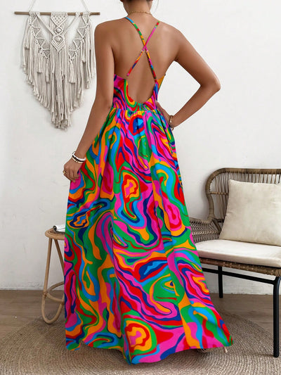 Vibrant Vacation Chic: Flower Printed Spaghetti Straps Backless Dress