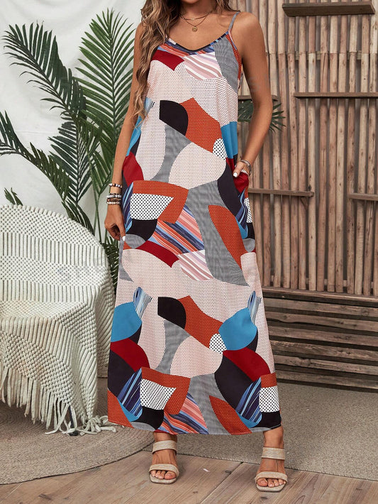 Geo Print Cami Dress: The Perfect Summer Long Skirt with Hidden Pocket