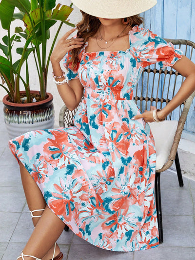 Summertime Chic: Floral A-line Dress with Flounce Sleeves