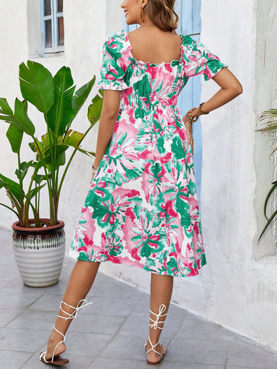 Summertime Chic: Floral A-line Dress with Flounce Sleeves