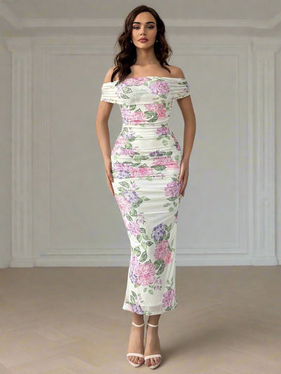 Chic Floral Off-Shoulder Pleated Summer Dress - Perfect for Wedding Guests!