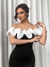 Elegant Contrast: Women's One Shoulder Black and White Ruffled Long Dress