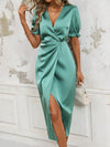 Timeless Elegance: Women's Mint Green Color Puff Sleeve V-Neck Dress