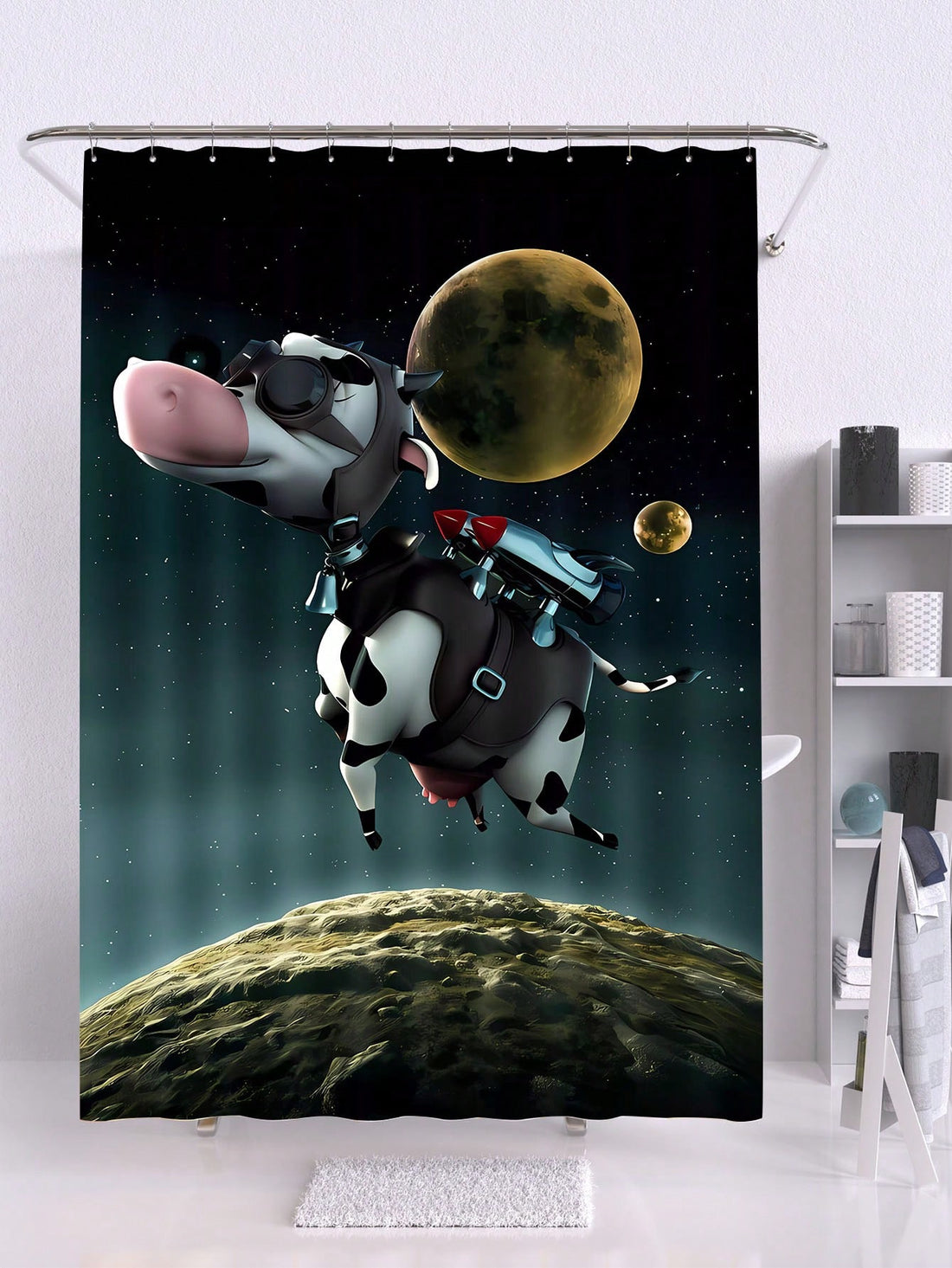 Introduce some fun and functionality into your bathroom with this Flying Polyester Cow Shower Curtain. Made from high-quality polyester, this curtain offers privacy and doubles as a decorative statement. The flying cow design adds a touch of whimsy while keeping your bathroom clean and dry.