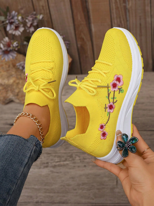 Embroidered Mesh Yellow Sports Anti-Slip Hiking Shoes for Women