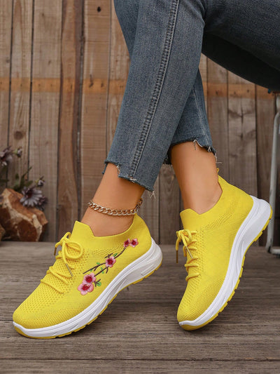 Embroidered Mesh Yellow Sports Anti-Slip Hiking Shoes for Women