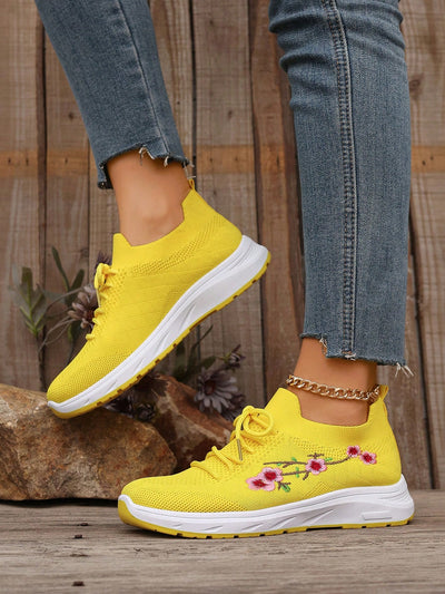 Embroidered Mesh Yellow Sports Anti-Slip Hiking Shoes for Women