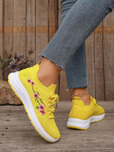 Embroidered Mesh Yellow Sports Anti-Slip Hiking Shoes for Women