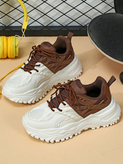 Chunky Platform Retro Sports Shoes: Beige Color-Blocked Dad Shoes Style