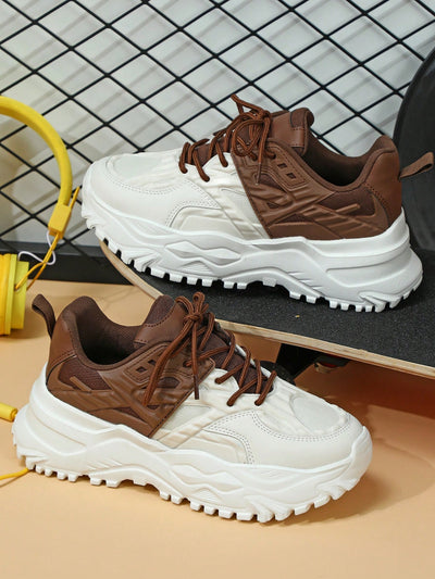 Chunky Platform Retro Sports Shoes: Beige Color-Blocked Dad Shoes Style