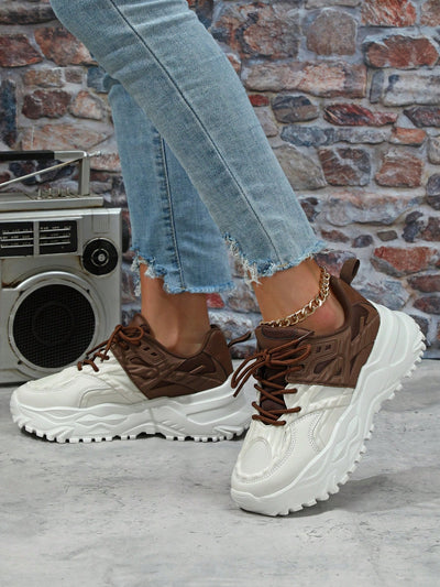 Chunky Platform Retro Sports Shoes: Beige Color-Blocked Dad Shoes Style