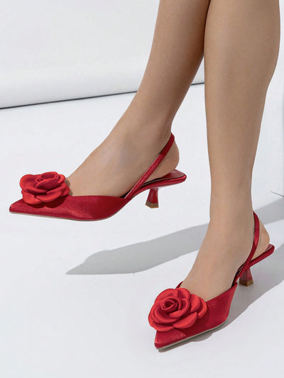 Chic and Elegant: Red Pointed Toe High Heeled Shoes with 3D Floral Design