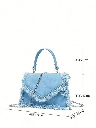 Chic Minimalist Fringe Mini Bag - Stylish Square Crossbody with Chain Strap in Blue