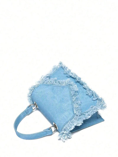 Chic Minimalist Fringe Mini Bag - Stylish Square Crossbody with Chain Strap in Blue