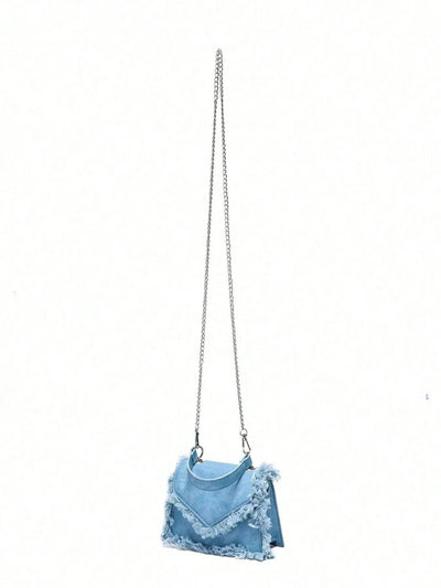 Chic Minimalist Fringe Mini Bag - Stylish Square Crossbody with Chain Strap in Blue