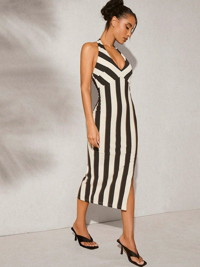 Chic Haute Striped Halter Dress with Split Thigh - Trendy Summer Vibe