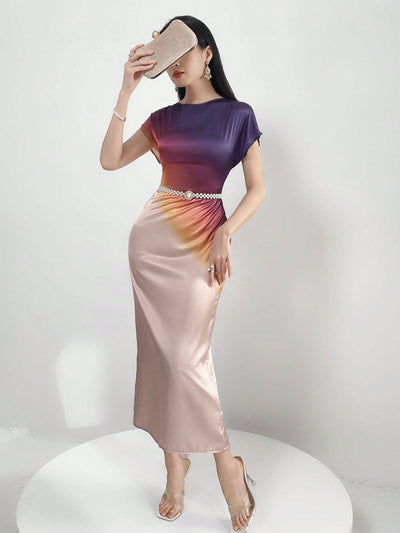 Effortless Elegance: Summer Women's Gradient Batwing Sleeve Belted Maxi Dress